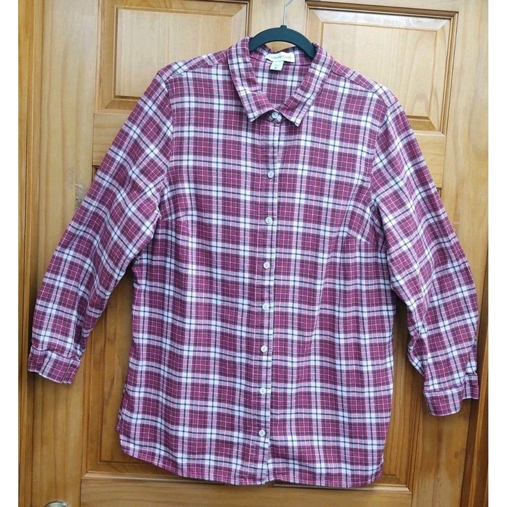 Coldwater Creek Women's Size 1X Red Plaid Flannel Button Down Front Shirt Top